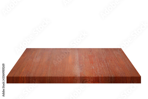 Empty wooden table top isolated on white background for product display.