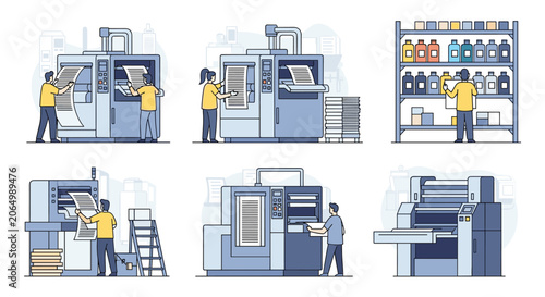 Set of flat vector illustrations depicting industrial printing press machines and workers in a modern print shop.