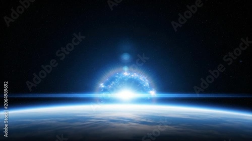 Celestial Dawn A breathtaking cosmic event unfolds as a brilliant blue star or supernova erupts above the curvature of a planet casting an ethereal glow across the dark expanse of space