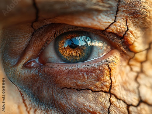 Extreme close-up of a human eye with a cracked, textured surface around it, reflecting light in the iris. AI.