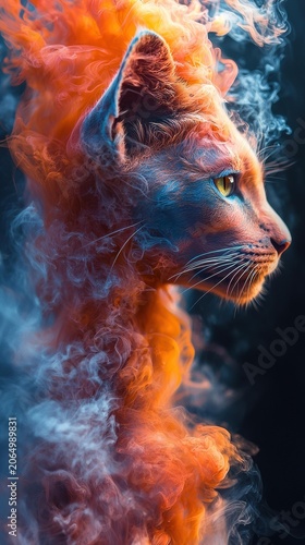 A cat's profile is rendered in vibrant orange and blue smoke against a dark background. AI.