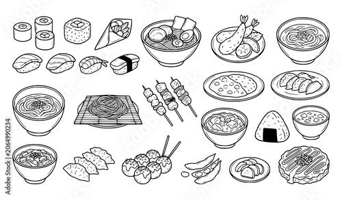 Bild auf Leinwand Hand Drawn Japanese Food Menu Icons Vector Set