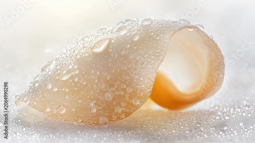 A delicate, curled petal is covered in numerous water droplets, creating a soft, textured surface. AI.