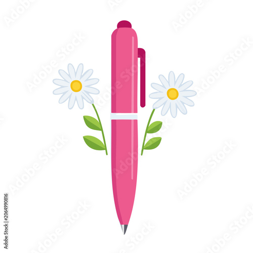 Pink pen with daisies and green leaves illustration