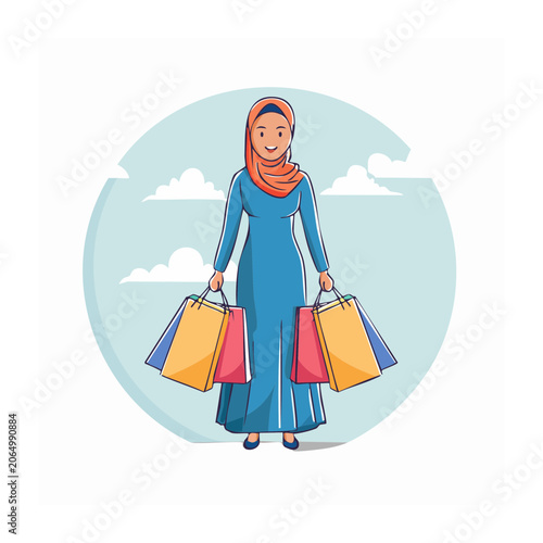 Woman in hijab holding shopping bags illustration