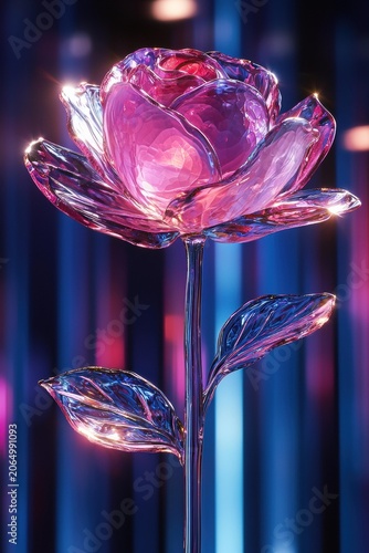 A pink glass rose with iridescent petals and leaves stands against a blurred background of vertical pink and blue lights. AI.