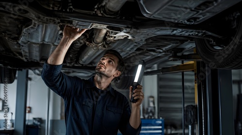 Professional mechanic inspecting car chassis with flashlight in garage