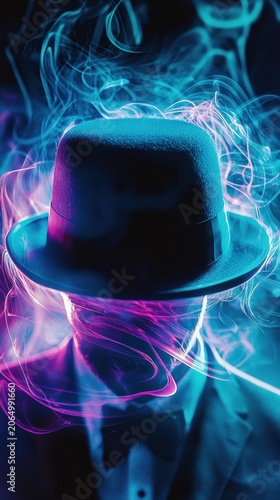 A figure in a suit and hat is engulfed by swirling neon blue and pink smoke against a dark background. AI.