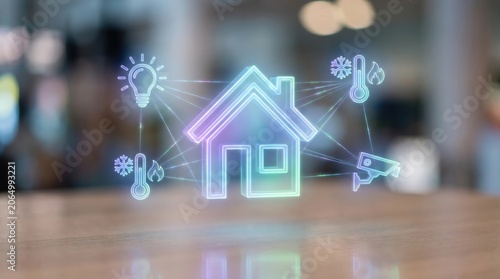 Smart Home Automation, Intelligent Property Security, and IoT Energy Management Concept: Floating Holographic Suburban House Layout with Connected Device Icons above Blurred Smartphone