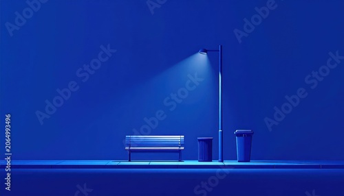 Lonely Bench Under Street Lamp at Night.