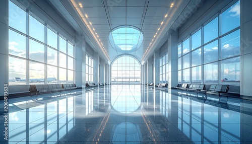Modern Airport Terminal with Glass Windows and Skylight.