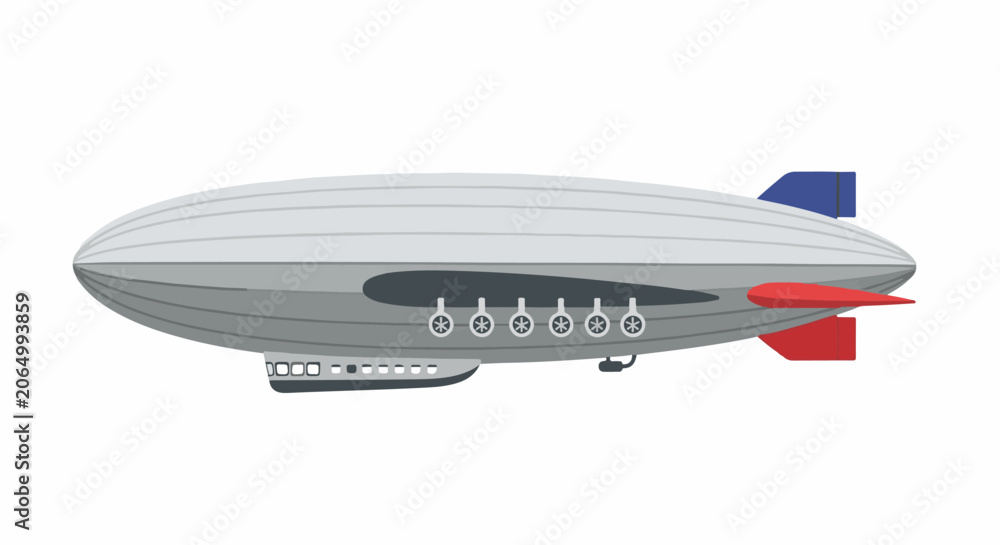 Naklejka premium A gray airship with red and blue fins and propellers