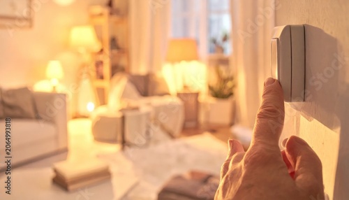 Person Adjusting Thermostat in Cozy Living Room.