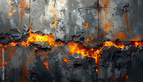 A close-up of a burning wall with flames and smoke
