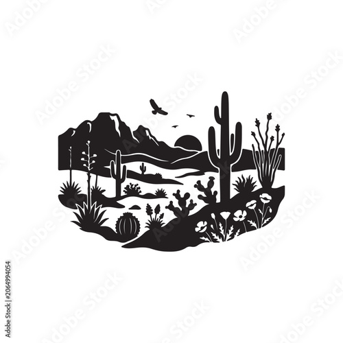 Black silhouette of a desert landscape with mountains, saguaro cactus, and birds flying at sunset isolated on a white background for