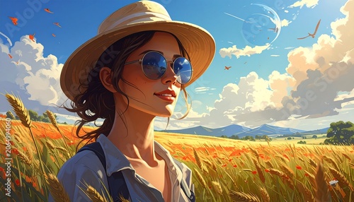 Woman Wearing Sunglasses in Wheat Field.