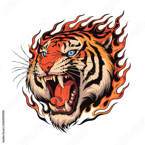 A savage tiger head roaring with its jaws fully open