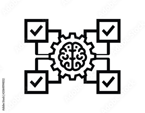 Brain icon vector with gear and checklist symbols, checklist