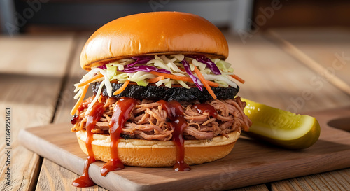 Gourmet pulled pork sandwich with barbecue sauce coleslaw and charred topping served on brioche bun with pickle on wooden board representing classic american barbecue cuisine.