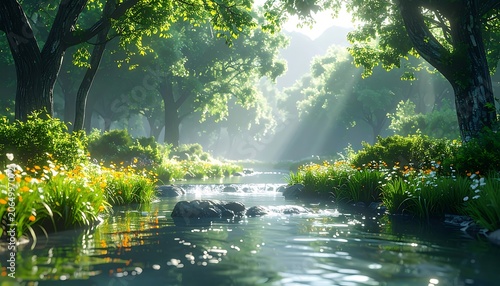 A serene forest landscape with a gentle stream (1)