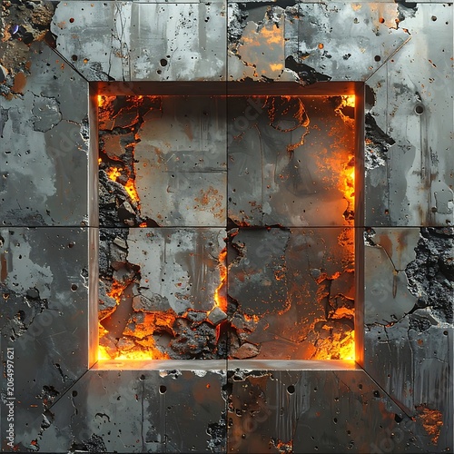 A square hole in a metal wall with flames