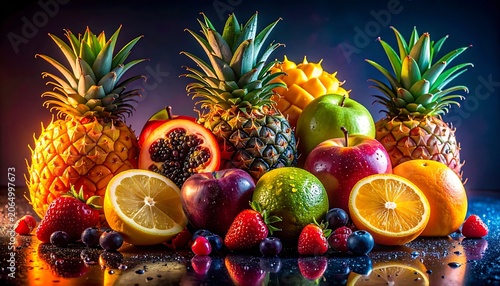 A vibrant and colorful arrangement of fresh fruits on a reflective surface (1)