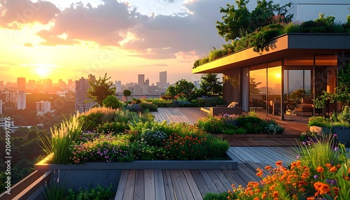 A serene rooftop garden overlooking a cityscape at sunset (25)