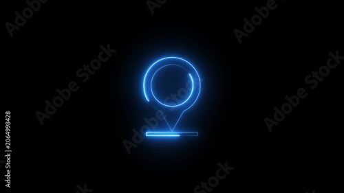 Neon glowing location icon animation on black background. Neon location pin, direction sign, search address, position map tracking animation.