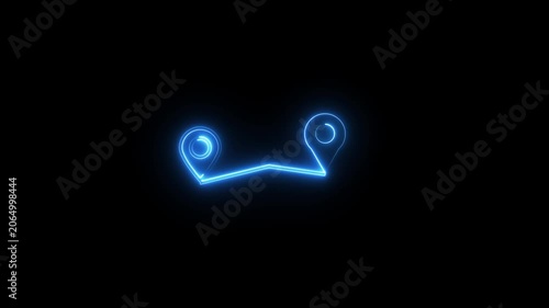 Neon glowing location icon animation on black background. Neon location pin, direction sign, search address, position map tracking animation.