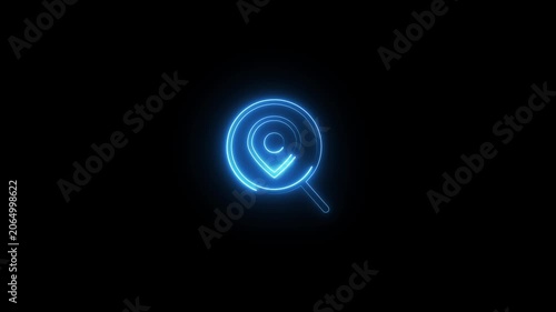 Neon glowing location icon animation on black background. Neon location pin, direction sign, search address, position map tracking animation.