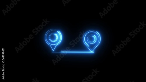 Neon glowing location icon animation on black background. Neon location pin, direction sign, search address, position map tracking animation.