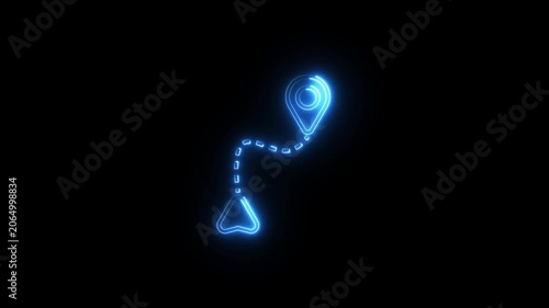 Neon glowing location icon animation on black background. Neon location pin, direction sign, search address, position map tracking animation.