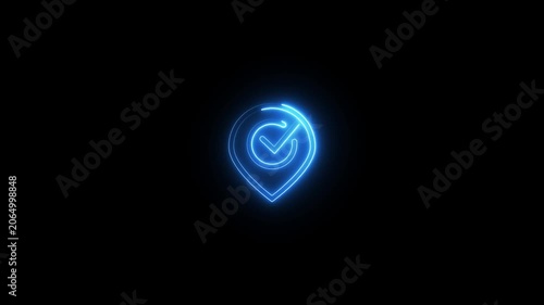 Neon glowing location icon animation on black background. Neon location pin, direction sign, search address, position map tracking animation.