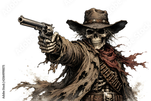 Skeleton cowboy aiming revolver gun illustration on white background.