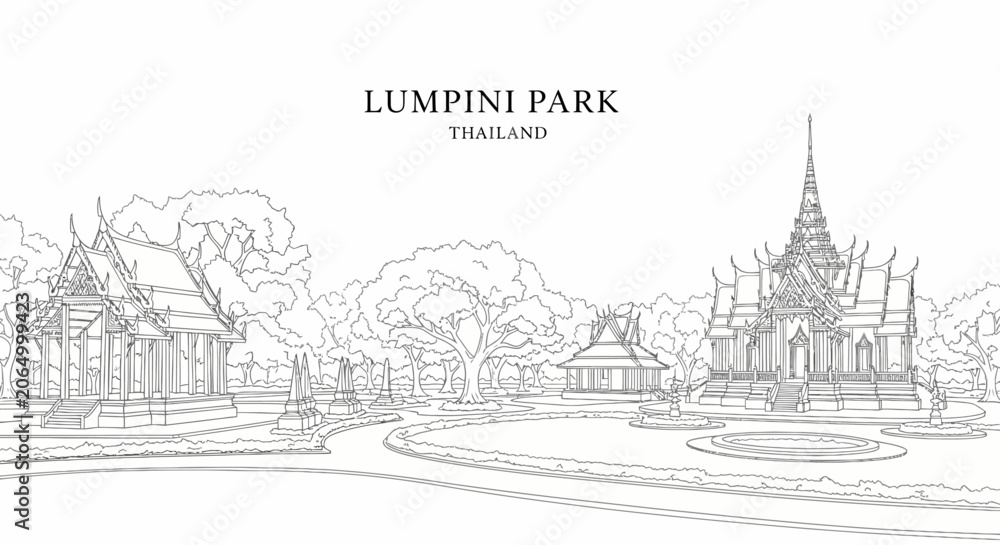 Fototapeta premium A lineart illustration of traditional Thai pavilions set within a lush park landscape