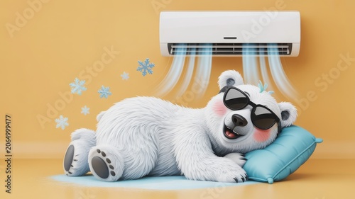 Cute cartoon polar bear wearing sunglasses sleeping on a pillow under air conditioner with snowflakes
