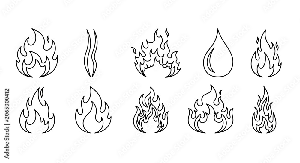 Fototapeta premium Fire icons, flame symbols, burning elements, 10 editable vector graphics