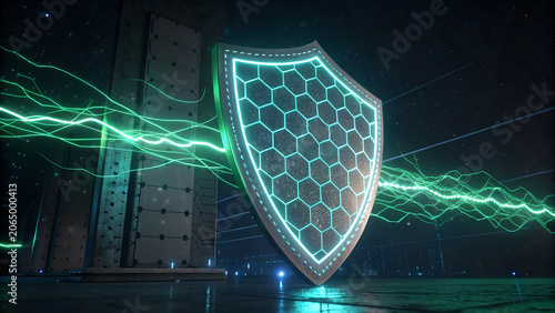 Futuristic Cybersecurity Digital Shield – Glowing Hexagonal Pattern, Data Protection Waves, High‑Tech Defense Concept and Cyber Threat Prevention Illustration