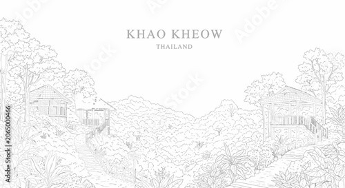 Fotografi Line art illustration of the Khao Kheow mountain landscape in Thailand featuring