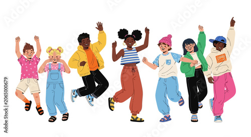 Diverse kids jumping, happy children illustration, colorful kids vector, joyful youngsters