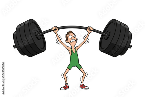 Cartoon weightlifter struggling to lift heavy barbell over head