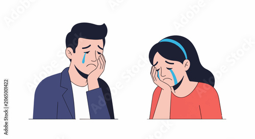 A man and woman cry while sitting at table
