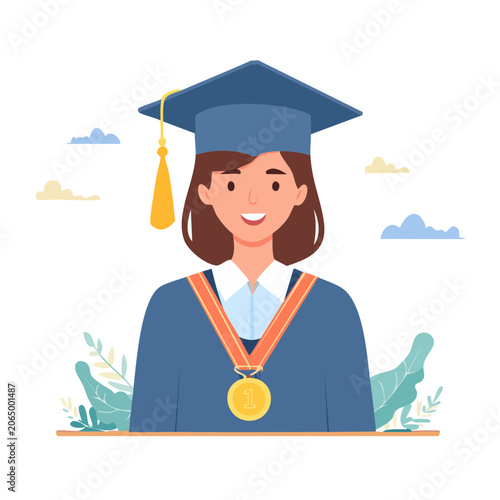 Smiling female graduate in cap and gown with medal