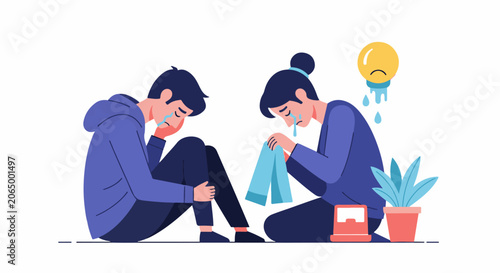 A man and woman crying while sitting on floor