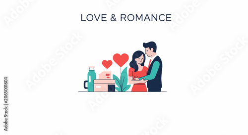 A man and woman embrace with hearts, flowers, and gifts