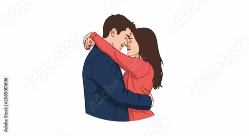 A man and woman embrace, their faces close