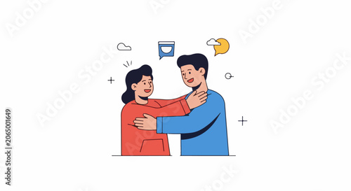 A man and woman engage in a friendly embrace with speech bubbles