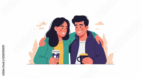 A man and woman enjoy coffee together outdoors