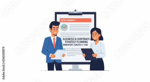 A man and woman in business attire holding papers stand beside a large clipboard
