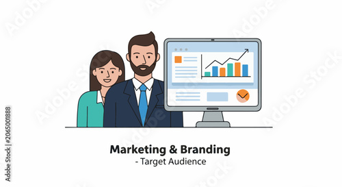 A man and woman in business attire look at a computer monitor displaying a colorful graph and chart, with a presentation slide d Marketing & Branding